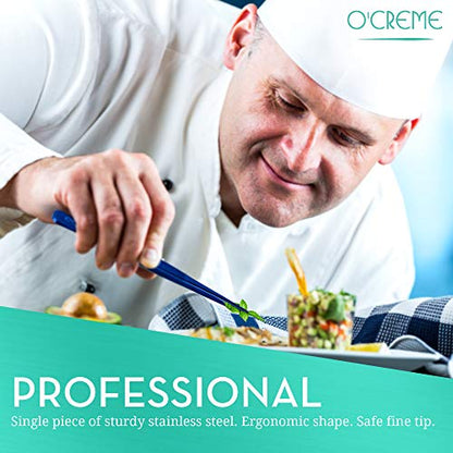  Reme Blue Stainless Steel Precision Kitchen Culinary Fine-Tip Tweezer Tongs, 1 With Curved Tip And 1 With Straight Tip