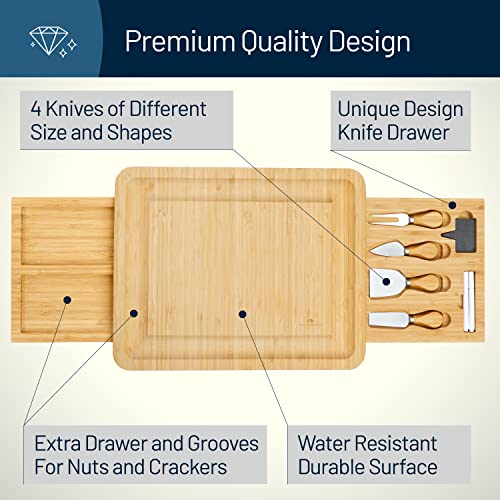  Unique Bamboo Cheese Board And Knife Set With 2 Slide-Out Cutlery Drawers - Charcuterie Boards Set & Cheese Platter - Ideal Anniversary, Wedding And Housewarming Gift