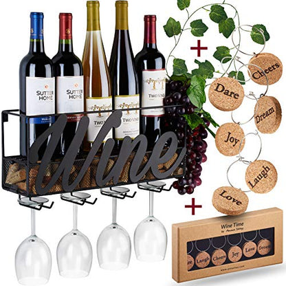  Wall Mounted Wine Rack - Bottle & Glass Holder - Cork Storage - Store Red, White, Champagne - Comes With 6 Cork Wine Charms - Home & Kitchen Décor - Designed By Anna Stay, Wine