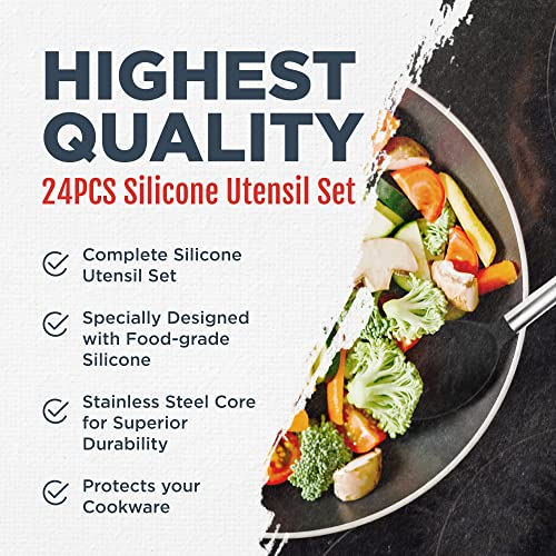  24-Piece Black Stainless Steel & Silicone Cooking Utensil Set, Heat-Resistant Cooking Utensils, Non-Scratching Kitchen Cooking Utensils, Includes A Bonus Recipe E-Book