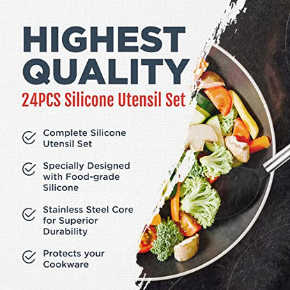  24-Piece Black Stainless Steel & Silicone Cooking Utensil Set, Heat-Resistant Cooking Utensils, Non-Scratching Kitchen Cooking Utensils, Includes A Bonus Recipe E-Book