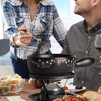  Artestia 2.11-Quart Ceramic Fondue Pot Set Cheese Chocolate Melting Pot Metal Stand With 6 Fondue Forks And Swiss Floral Pattern, Perfect For 6-8 People, 10 Piece
