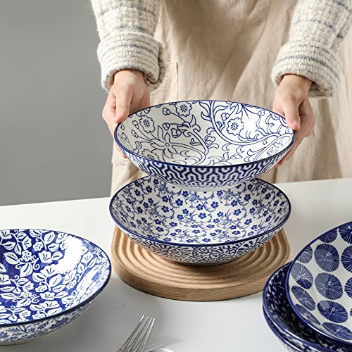  Porcelain 40oz Large Bowls 9 Inch Big Pasta Salad Bowls, Microwave And Oven Safe, Vintage Blue, Set Of 6