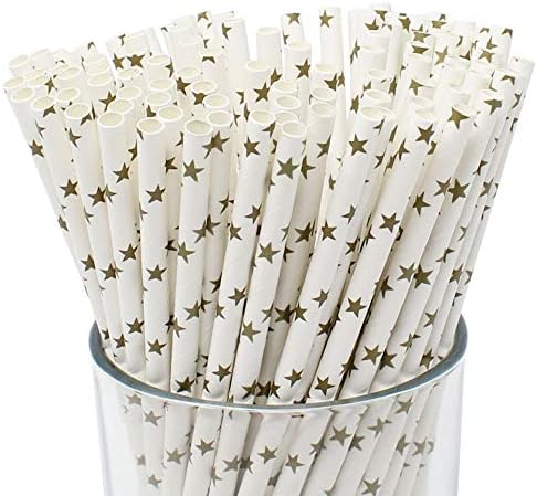  Premium Disposable Drinking Paper Straws (100pcs, Star, Metallic Gold)