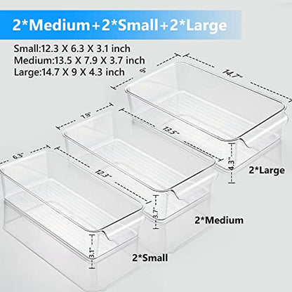  Efrigerator Organizer Bins, REDMOND 6pcs Fridge Organizers And Storage Clear Stackable For Kitchen, Pantry, Refrigerator, Cabinets, Freezer (2 Small+2 Medium+2 Large)