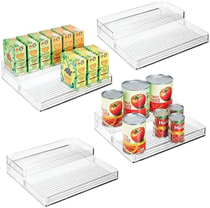  Plastic Kitchen Food Storage Organizer Shelves, Spice Rack Holder For Cabinet, Cupboard, Countertop, Pantry - Holds Jars, Baking Supplies, Canned Food - 2 Levels - 4 Pack - Clear