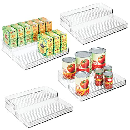  Plastic Kitchen Food Storage Organizer Shelves, Spice Rack Holder For Cabinet, Cupboard, Countertop, Pantry - Holds Jars, Baking Supplies, Canned Food - 2 Levels - 4 Pack - Clear