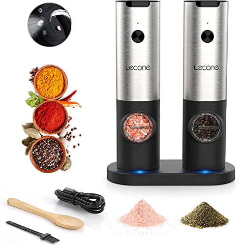  Electric Salt And Pepper Grinder, Lecone Set Of 2 Automatic USB Rechargeable With LED Light Charging Base Adjustable Easy To Refill For Spice Restaurant Kitchen BBQ
