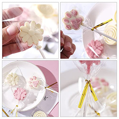  300 Pcs 6inch Lollipop Sticks, Cake Pop Lollipops, Chocolates And Cookies Bag Set Including 100 Parcel Bags, 100 Papery Treat Sticks, 100 Gold Twist Ties