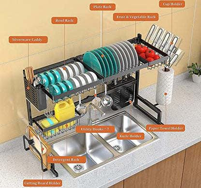  Upgrade Over The Sink Dish Drying Rack Adjustable (33.5"-40"), Stainless Steel Length Expandable Kitchen Drainer, 2 Tier Countertop Organizer Supplies Storage Shelf Display Utensil Hooks Space Saver