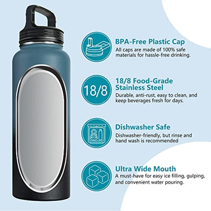  40 Oz Insulated Water Bottle, Stainless Steel Vacuum Sports Water Bottle With 3 Lids, Durable Leakproof Metal Thermos, BPA-free Water Flask Jug With Strap For Gym Camping, Indigo Black Gradient