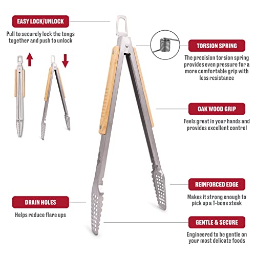 16" BBQ Grill Tongs – Kitchen & Extra Long Grilling Tongs, Stainless Steel With Durable Oak Handles, Metal Tongs For Cooking, Barbecue Tongs, Ergonomic Design