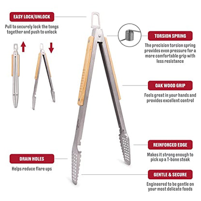 16" BBQ Grill Tongs – Kitchen & Extra Long Grilling Tongs, Stainless Steel With Durable Oak Handles, Metal Tongs For Cooking, Barbecue Tongs, Ergonomic Design