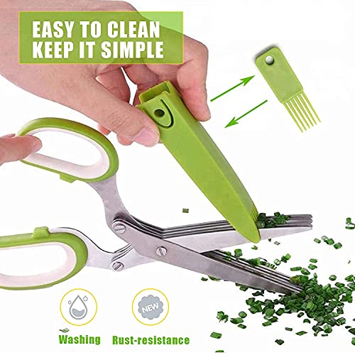  Itchen Shears Herb Scissors Set - Multipurpose Cutting Shears With 5 Stainless Steel Blades, Jute Pouches, And Safety Cover With Cleaning Comb - Cutter / Chopper / Mincer For Herbs - Kitchen Gadget
