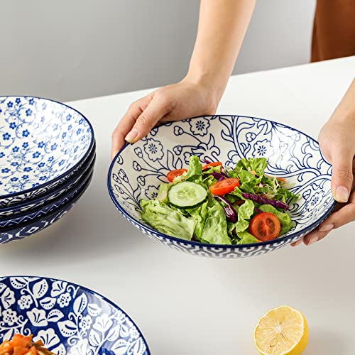 Porcelain 40oz Large Bowls 9 Inch Big Pasta Salad Bowls, Microwave And Oven Safe, Vintage Blue, Set Of 6