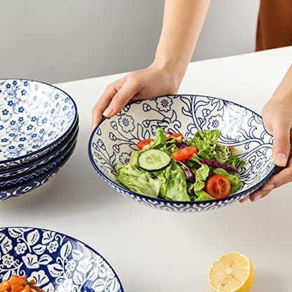  Porcelain 40oz Large Bowls 9 Inch Big Pasta Salad Bowls, Microwave And Oven Safe, Vintage Blue, Set Of 6