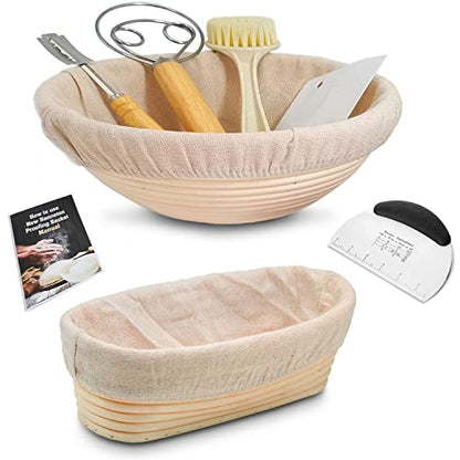  Anneton Bread Proofing Basket Set-A Complete Sourdough Proofing Basket Kit Of 9 Inch Round And 10 Inch Oval Bread Baskets With Cloth Liners Dough Scrapers Dough Whisk Bread Lame And Cleaning Brush