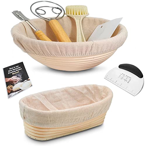  Anneton Bread Proofing Basket Set-A Complete Sourdough Proofing Basket Kit Of 9 Inch Round And 10 Inch Oval Bread Baskets With Cloth Liners Dough Scrapers Dough Whisk Bread Lame And Cleaning Brush