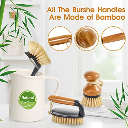  3-Pack Natural Bamboo Dish Brush, ECO Friendly Dish Brush Set With Bamboo Handle, Kitchen Cleaning Brush Scrub Brush For Dishes Pots Pans Kitchen Sink Cleaning