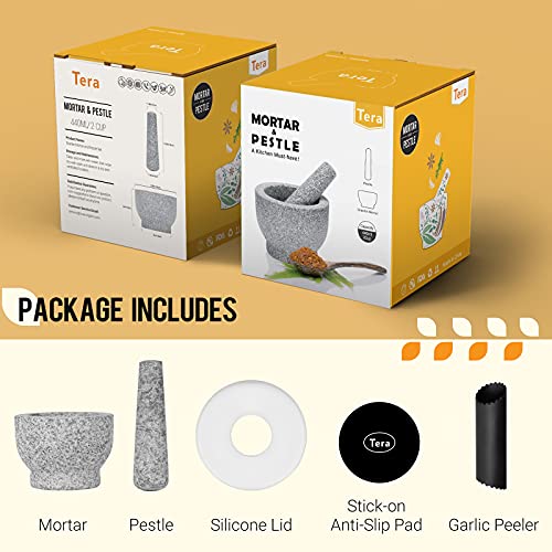  Mortar And Pestle Set 2-Cup Capacity Molcajete Bowl, Incl. Silicone Lid, Garlic Peeler, Stick-on Anti-Slip Pad For Base, Unpolished Granite Mortar And Pestle Spice Grinder 5.5 Inch