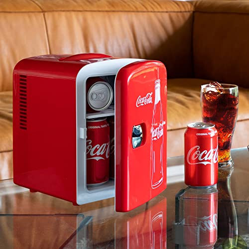  Coca-Cola Classic Coke Bottle 4L Mini Fridge W/ 12V DC And 110V AC Cords, 6 Can Portable Cooler, Personal Travel Refrigerator, Red & Coca-Cola Tumbler, Red, 12 Ounces, 84-843