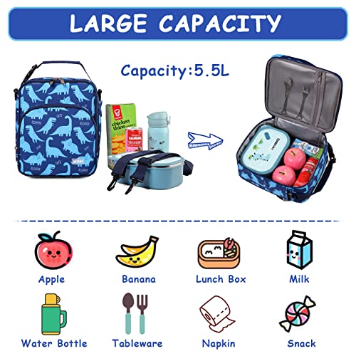  Lunch Boxes Bag For Kids, Insulated Lunchbox Reusable Containers For Boys With Detachable Shoulder Strap For School Blue Dinosaur