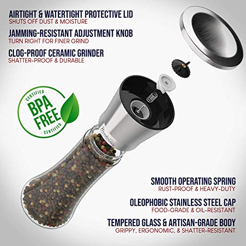  Alt And Pepper Grinder Set Of 3 - Salt And Pepper Shakers, Adjustable Ceramic Sea Salt Grinder & Pepper Grinder - Tall Glass Salt And Pepper Shakers - Pepper Mill & Salt Mill