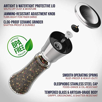  Alt And Pepper Grinder Set Of 3 - Salt And Pepper Shakers, Adjustable Ceramic Sea Salt Grinder & Pepper Grinder - Tall Glass Salt And Pepper Shakers - Pepper Mill & Salt Mill