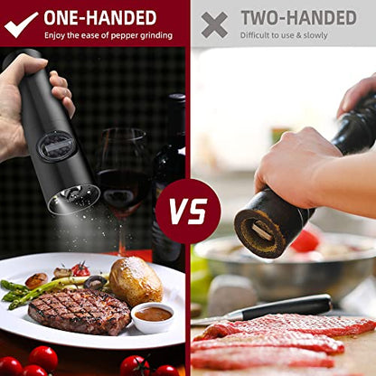  Electric Salt And Pepper Grinder Set Rechargeable Automatic Black Salt & Pepper Mill 2 Pcs With Charging Base, Type-C USB Cables, LED Lights, Adjustable Coarseness, One Hand Operation