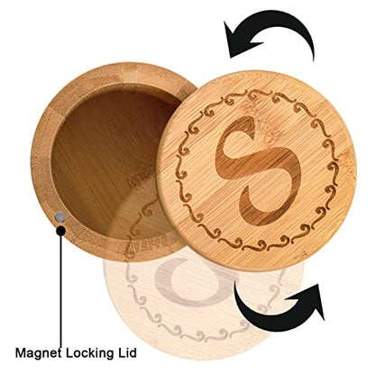  2 Pack Bamboo Salt And Pepper Holder Box With 2 Spoons, Spice Jars Containers, Seasoning Storage Box With Swivel Lid And Magnet Lock - 6 Oz Capacity