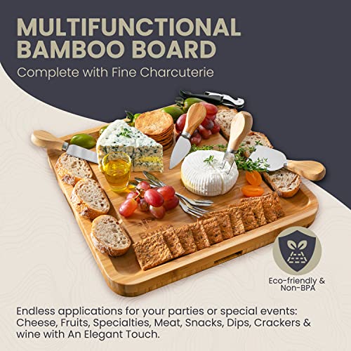  Amboo Cheese Board – 13 X 13 Inches Charcuterie Board With Accessories – Includes 4 Cheese Knives & Forks And Wine Opener - Magnetic Drawer – Ideal For Cheese, Fruit, Wine, Meat