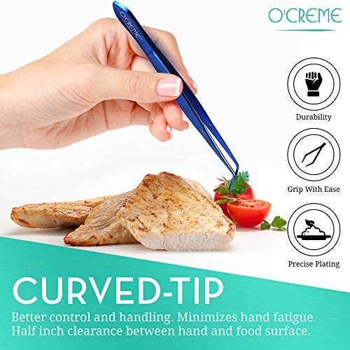  Reme Blue Stainless Steel Precision Kitchen Culinary Fine-Tip Tweezer Tongs, 1 With Curved Tip And 1 With Straight Tip