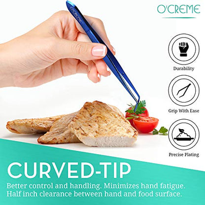  Reme Blue Stainless Steel Precision Kitchen Culinary Fine-Tip Tweezer Tongs, 1 With Curved Tip And 1 With Straight Tip