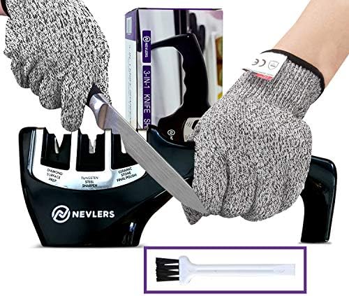  3 In 1 Kitchen Knife Sharpener With Cut Resistant Gloves | Knife Sharpeners For Kitchen Knives Preps, Repairs, Sharpens | Blade Sharpener With Diamond, Ceramic & Tungsten Steel Slots (Black)