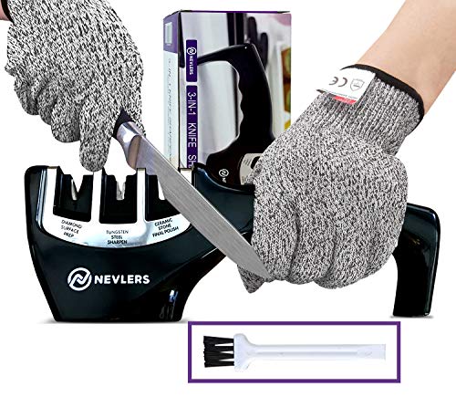  3 In 1 Kitchen Knife Sharpener With Cut Resistant Gloves | Knife Sharpeners For Kitchen Knives Preps, Repairs, Sharpens | Blade Sharpener With Diamond, Ceramic & Tungsten Steel Slots (Black)