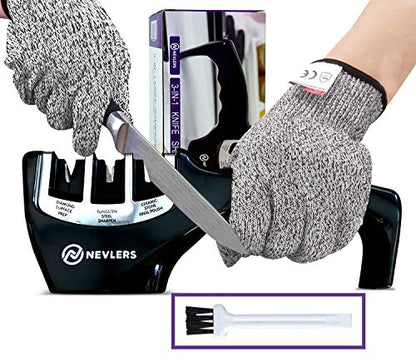  3 In 1 Kitchen Knife Sharpener With Cut Resistant Gloves | Knife Sharpeners For Kitchen Knives Preps, Repairs, Sharpens | Blade Sharpener With Diamond, Ceramic & Tungsten Steel Slots (Black)