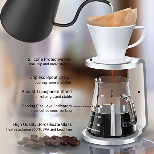  Pour Over Coffee Maker Set Pour Over Stand Set | White Ceramic Dripper | 600ml/20oz Glass Server | Non-slip Stand | Home Office Coffee Maker Kit 5 Cup