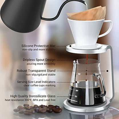  Pour Over Coffee Maker Set Pour Over Stand Set | White Ceramic Dripper | 600ml/20oz Glass Server | Non-slip Stand | Home Office Coffee Maker Kit 5 Cup