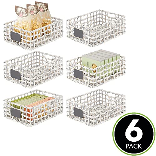  MDesign Hyacinth Open Weave Kitchen Cabinet Pantry Basket With Built-in Chalkboard Label For Organizing Kitchen Pantry, Cabinet, Cupboard, Shelves - Holds Food, Drinks, Snacks, 6 Pack - White Wash