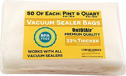  100 Vacuum Sealer Bags: 50 Pint (6" X 10") And 50 Quart (8" X 12") OutOfAir Vacuum Sealer Bags Works With FoodSaver & Other Savers. 33% Thicker, BPA Free, Great For Sous Vide