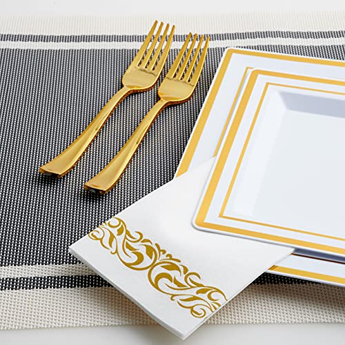  210PCS Gold Dinnerware Set 30 Guest,Gold Party Supplies,60 Gold Rim Plastic Plates-30 Gold Plastic Silverware-30 Plastic Cups-30 Linen Like Paper Napkins For Graduation, Birthday, Cocktail Party-Gold