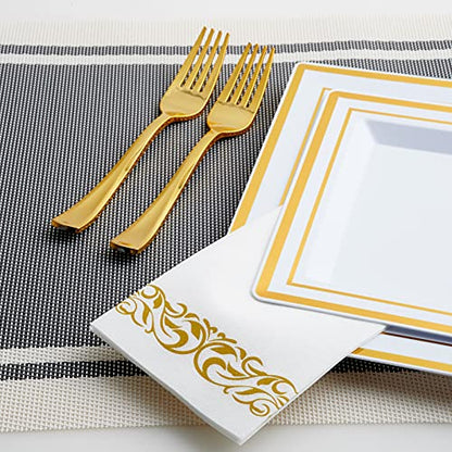  210PCS Gold Dinnerware Set 30 Guest,Gold Party Supplies,60 Gold Rim Plastic Plates-30 Gold Plastic Silverware-30 Plastic Cups-30 Linen Like Paper Napkins For Graduation, Birthday, Cocktail Party-Gold