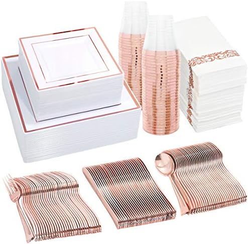 50 Guest Gold Plastic Plates With Disposable Cutlery& Gold Plastic Cups-Square Plastic Plates-Gold Plastic Utensils Set And Napkins For Wedding& Parties