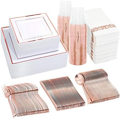  50 Guest Gold Plastic Plates With Disposable Cutlery& Gold Plastic Cups-Square Plastic Plates-Gold Plastic Utensils Set And Napkins For Wedding& Parties