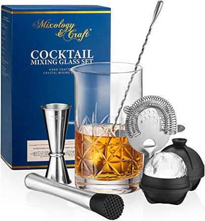  Cktail Set - 7-Piece Bartender Kit - Mixing Glass Set Includes Crystal Stirring Glass (24oz), Japanese Jigger, Spoon, Muddler And Strainer - Bar Accessories And Tools