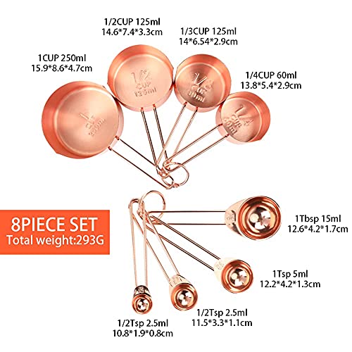  8 Pcs Measuring Cups And Spoons Set Intsun Stainless Steel Rose Gold Measuring Cups & Spoons With Engraved Marking Ruler For Measuring Dry & Liquid Ingredients Baking Cooking, Mixing & Food Processing