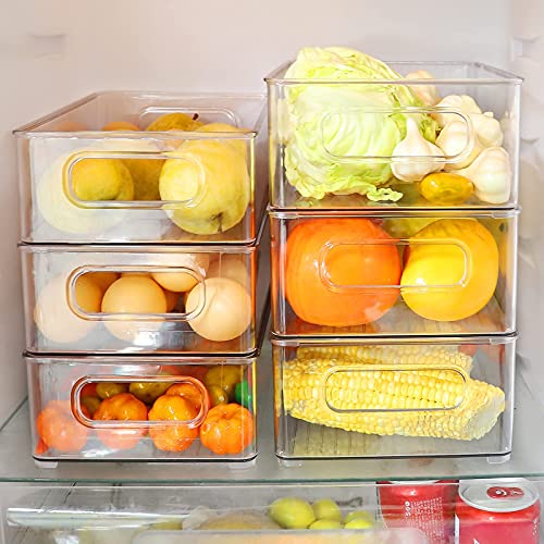  Lachesis Stackable Refrigerator Organizer Bins, Fridge Clear Bins With Handles Kitchen Organizer Fruit Container For Freezer, Pantry, Cabinets, Drawer, Shelves, Plastic Storage Bins 9 Pack