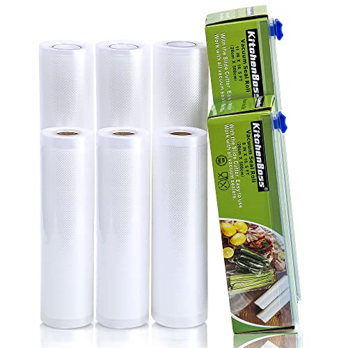  Vacuum Sealer Rolls Bag, 6 Pack 8"x16.5' And 11"x16.5' Food Vacuum Save Bag Rolls With Cutter Box,100 Feet Sous Vide Roll Bag,By KitchenBoss