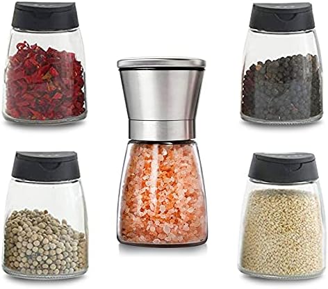  4+1PCS Glass Spice Jars With Shaker Pour Lid, Seasoning Shakers Glass Bottles Spice Shakers Salt & Pepper Shaker Container Set With Gift Grinder Fits In Home,Kitchen,Barbecue (4)