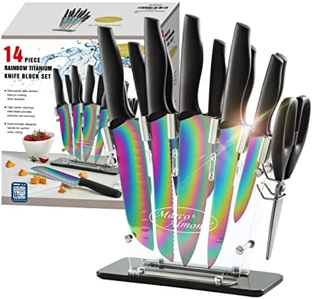  DISHWASHER SAFE Kitchen Knife Set, Marco Almond® KYA37 12-Piece Rainbow Titanium Stainless Steel Boxed Knives Set For Kitchen With Sheath, 6 Knives With 6 Blade Guards, Teal